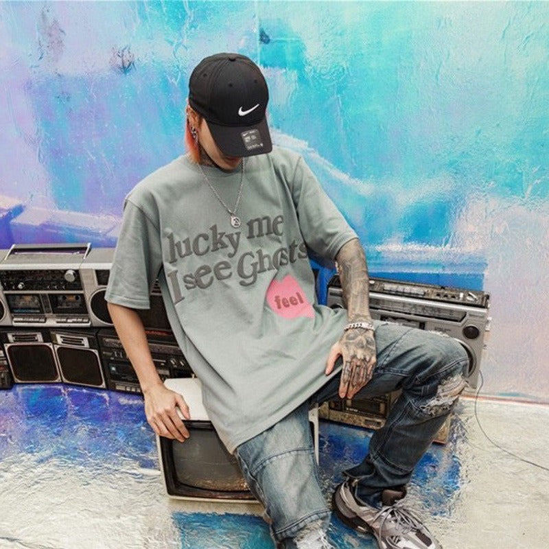 New European and American High Street Kanye Unisex Graffiti Print Love Short Sleeve T shirt