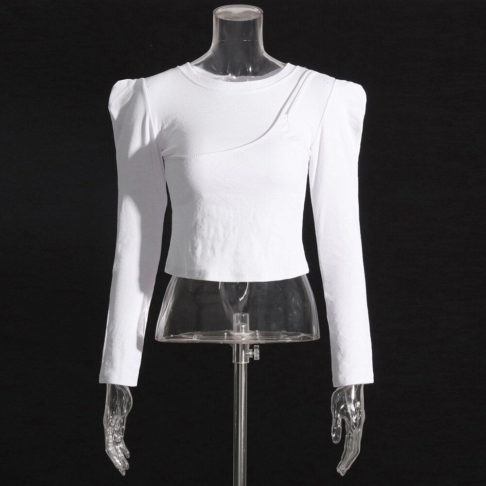 Asymmetrical Solid Slimming T Shirts For Women Round Neck Long Sleeve Minimalist Pullover T Shirt Female Fashion Style