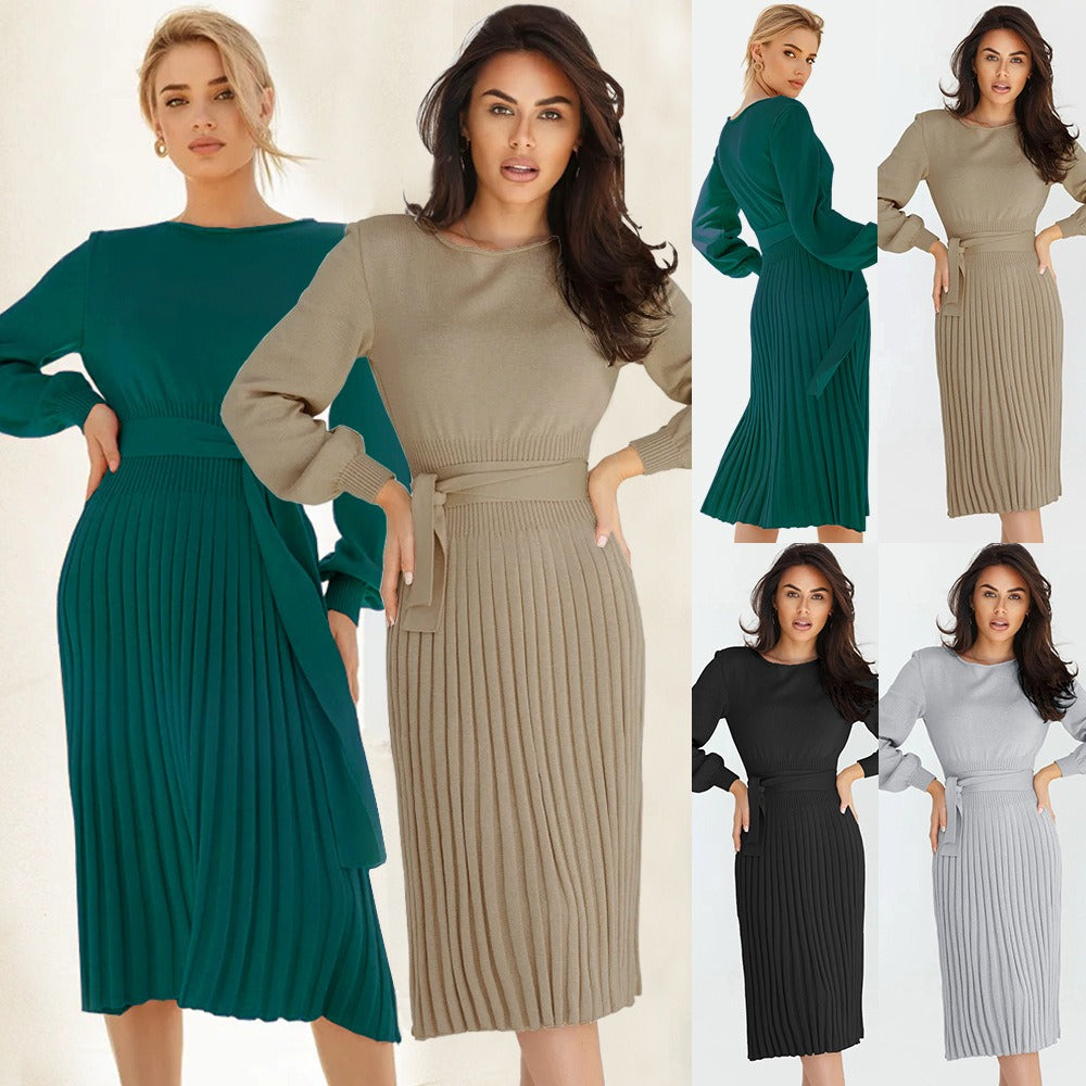 Women's new autumn and winter knitted dress with slim fit and pleats, medium length base sweater skirt