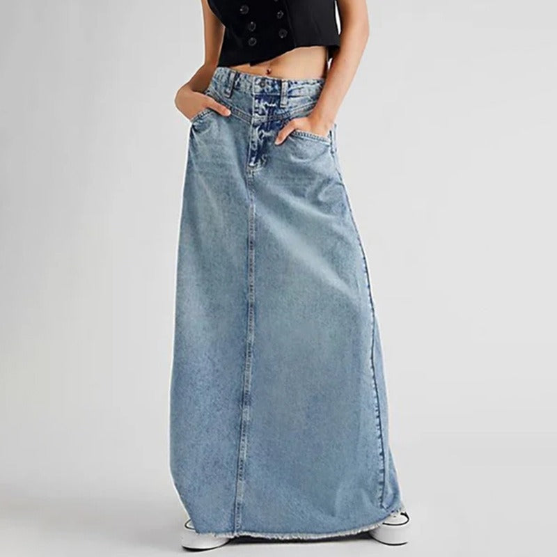 Vintage Denim Skirt Women's A-line  Spring Dress New Retro Blue High Waist Slim Mid Length Dress Skirt Street Women Dresses