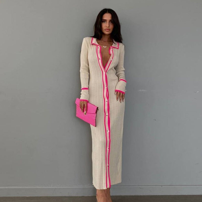 Slim fitting lapel patchwork women's long sleeved cardigan dress
