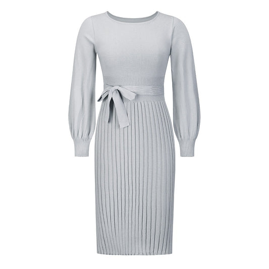 Women's new autumn and winter knitted dress with slim fit and pleats, medium length base sweater skirt