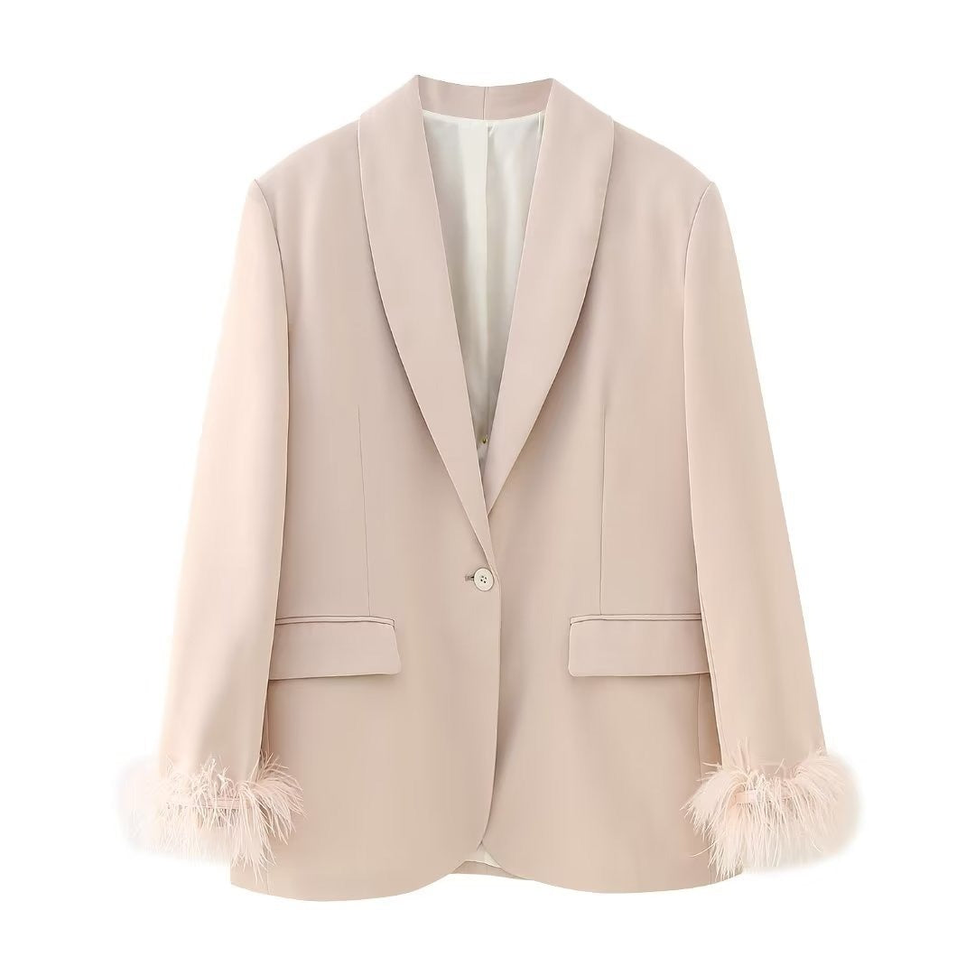 Spring new women's clothing with European and American style feather decorations, straight tube suit jacket, heart long pants