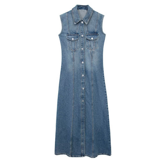 Casual Denim Dresses For Women Lapel Sleeveless High Waist Patchwork Single Breasted Vintage Dress Female Fashion