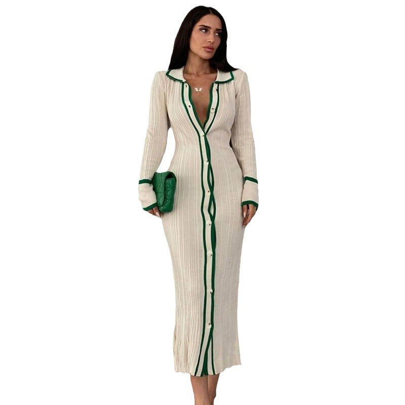 Slim fitting lapel patchwork women's long sleeved cardigan dress