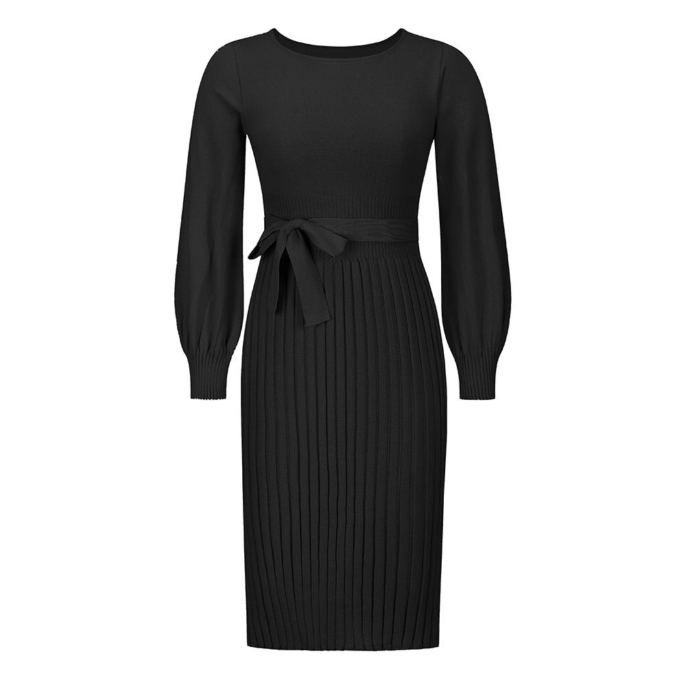 Women's new autumn and winter knitted dress with slim fit and pleats, medium length base sweater skirt