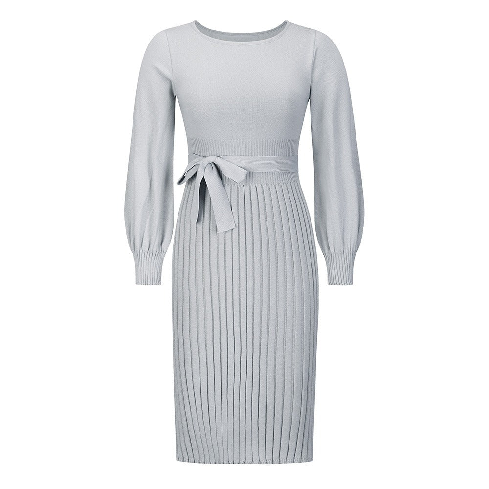 Women's new autumn and winter knitted dress with slim fit and pleats, medium length base sweater skirt