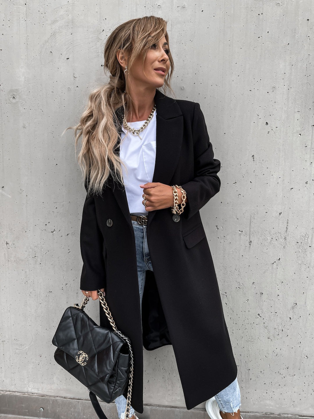 Hot selling autumn and winter color lapel, medium length button down woolen coat, outerwear for women