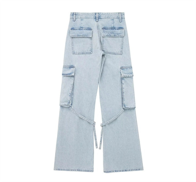 Loose mid-rise cargo jeans trousers with tie strap