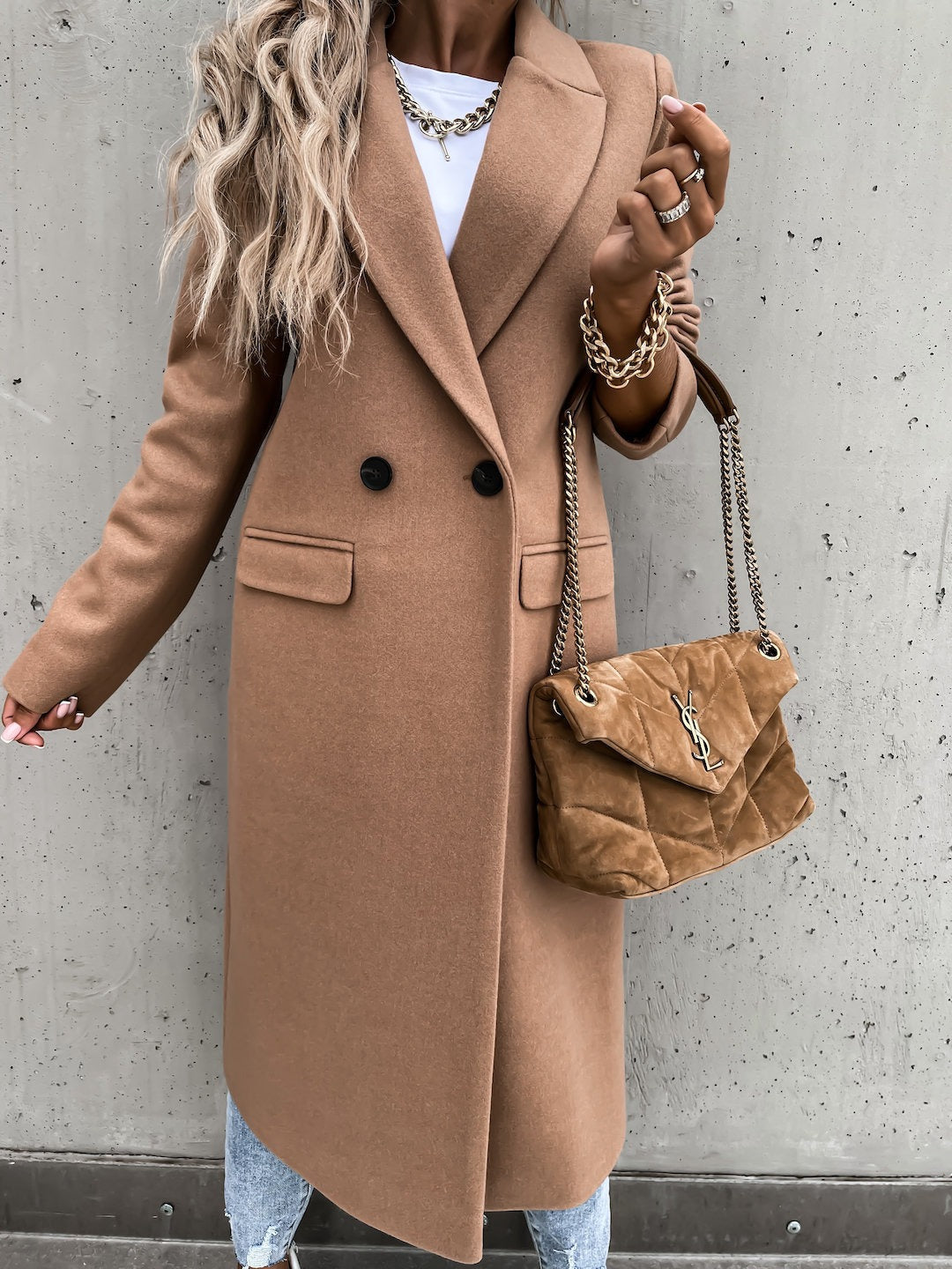 Hot selling autumn and winter color lapel, medium length button down woolen coat, outerwear for women