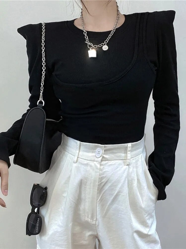 Asymmetrical Solid Slimming T Shirts For Women Round Neck Long Sleeve Minimalist Pullover T Shirt Female  Fashion Style