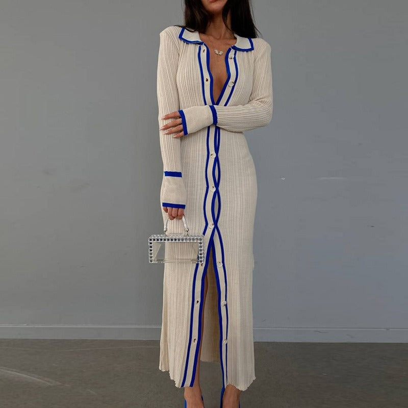 Slim fitting lapel patchwork women's long sleeved cardigan dress