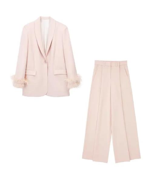 Spring new women's clothing with European and American style feather decorations, straight tube suit jacket, heart long pants