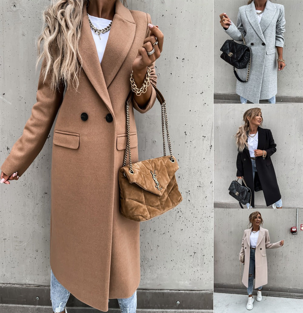 Hot selling autumn and winter color lapel, medium length button down woolen coat, outerwear for women