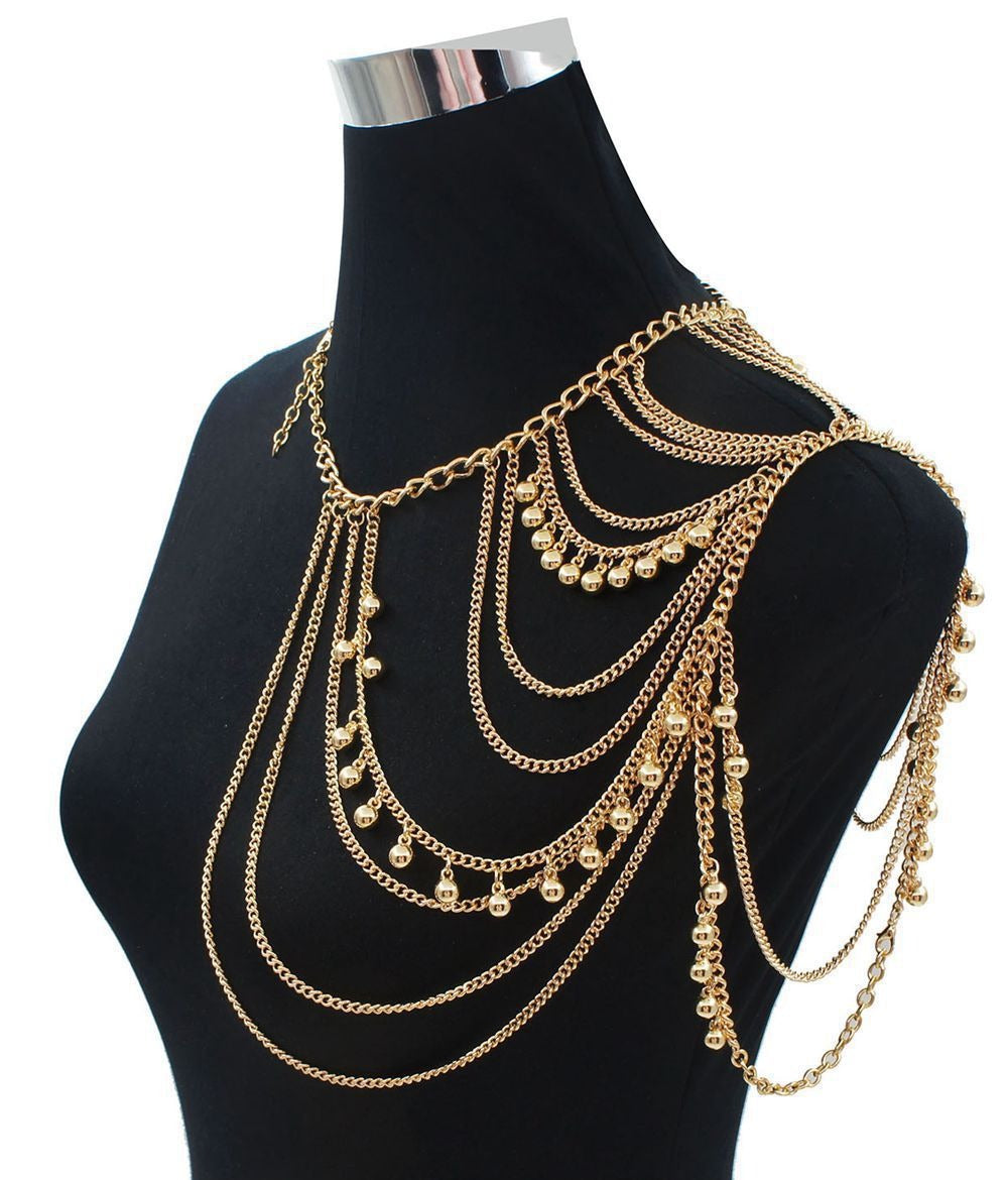 Street photo fashion multi-layer sexy tassel ball shoulder chain body chain cross-border trend personalized clothing accessories