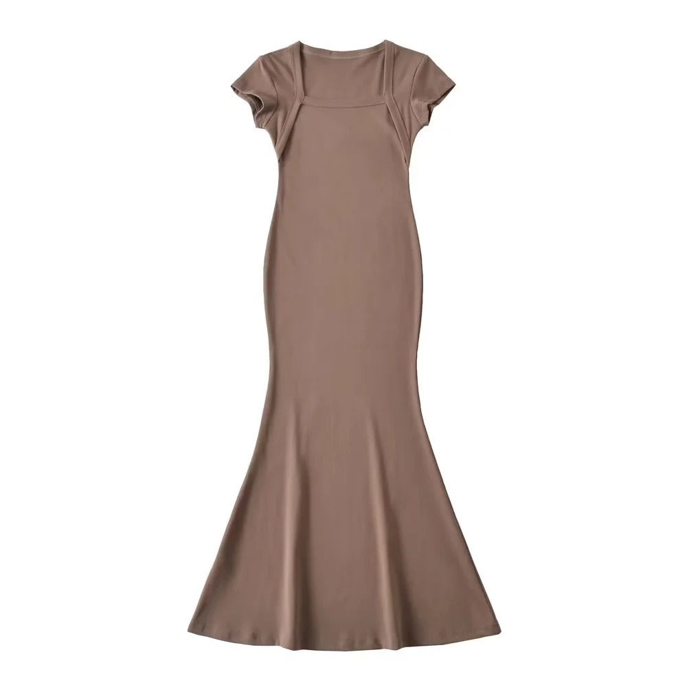 Sexy street shot square collar bag shoulder fish tail short sleeve long skirt bag hip spice dress