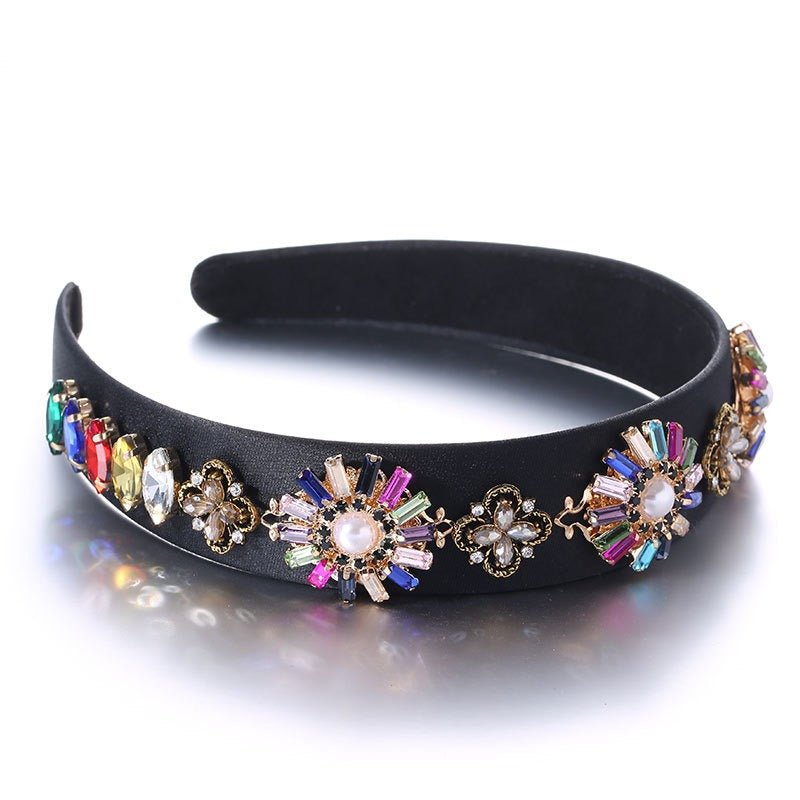 Fashionable Baroque Retro Set Water Diamond Flower Wide Edge Pearl Hair Hoop