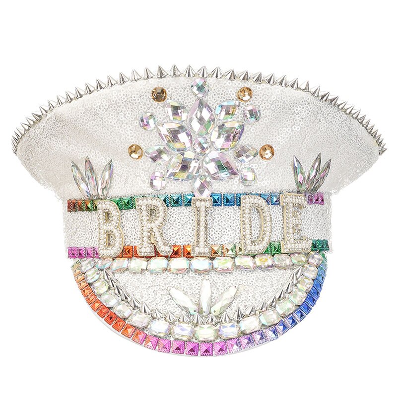 Handmade Sequined & Beaded White Luxury Rhinestone Bridal Hat Wedding Accessories Women Gothic Rave Party Club Wear Cosplay Prop