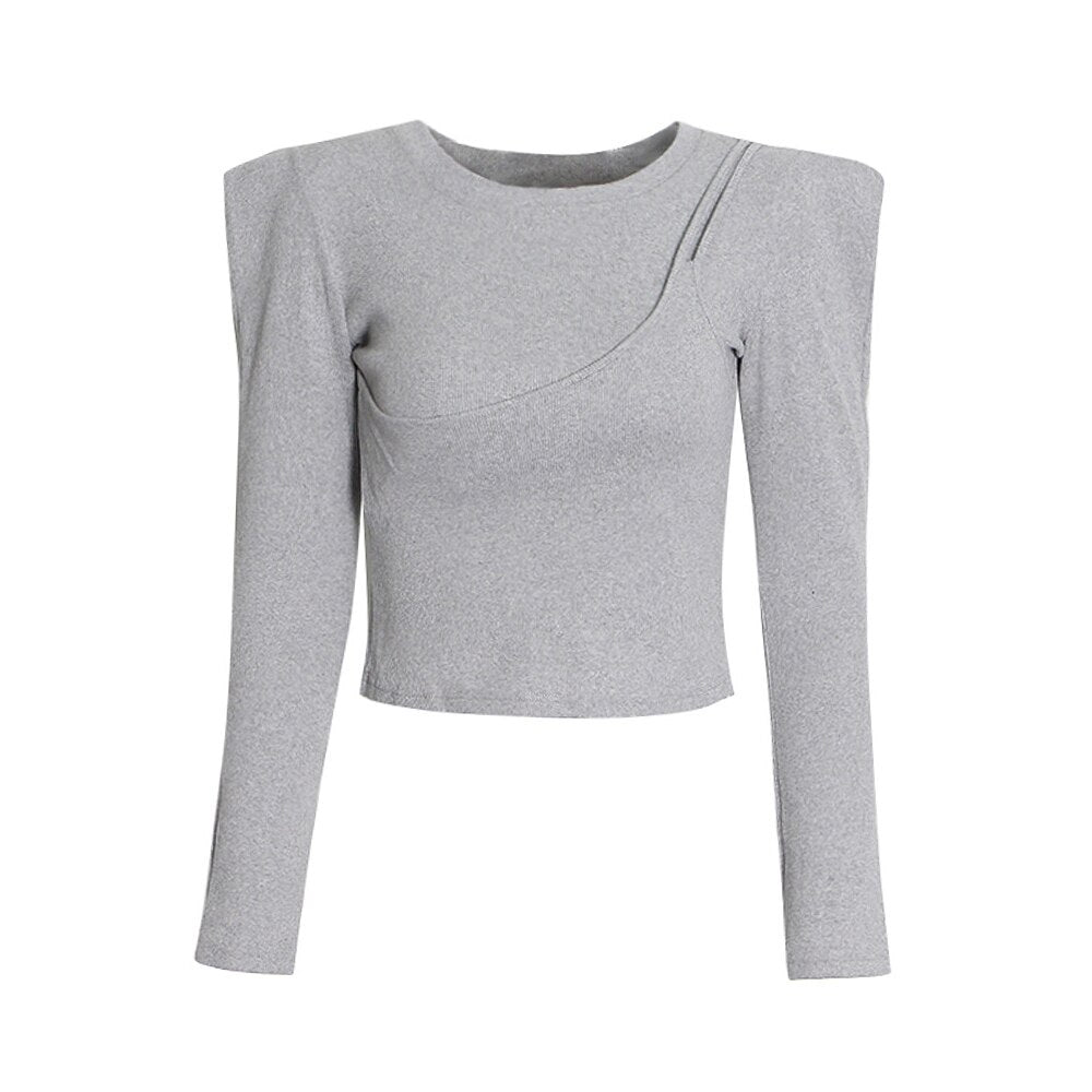 Asymmetrical Solid Slimming T Shirts For Women Round Neck Long Sleeve Minimalist Pullover T Shirt Female  Fashion Style