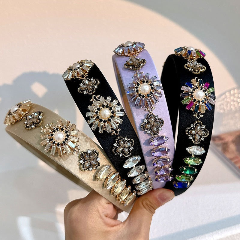 Fashionable Baroque Retro Set Water Diamond Flower Wide Edge Pearl Hair Hoop