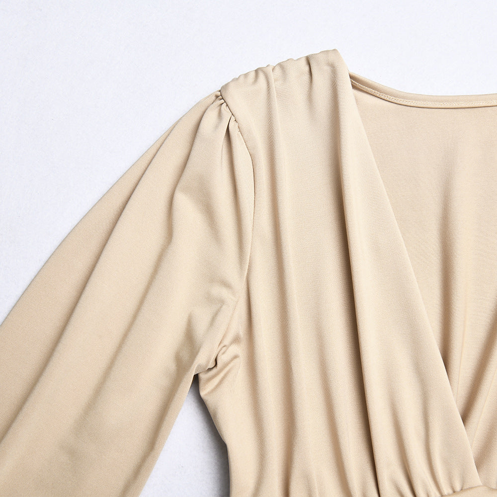 Women's sexy long sleeved deep V-shaped waist pleated temperament jumpsuit for women