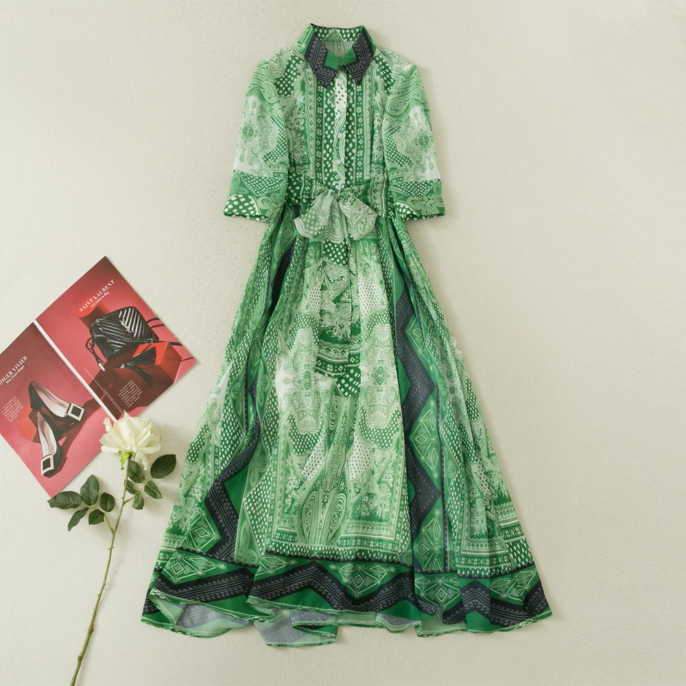 Fashion Floral Print Button Up Shirt Dress Vintage Elegant Summer Midi Long A Line Dress