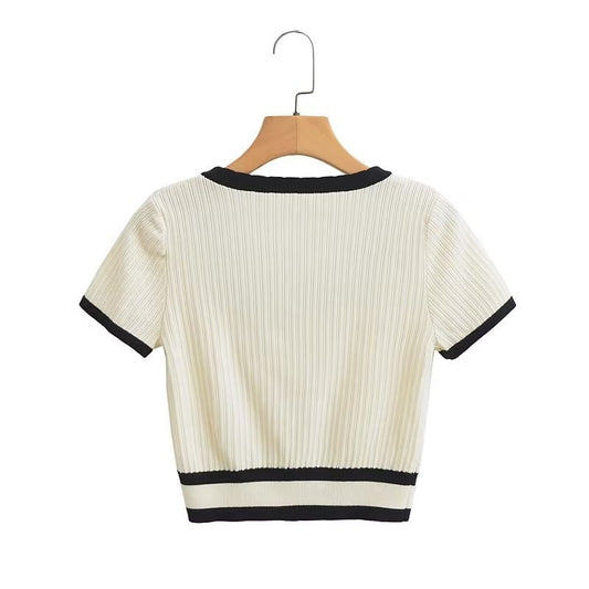 European and American Spring New Tight U Neck Short Sleeve Thin Knitted Cardigan T Shirt