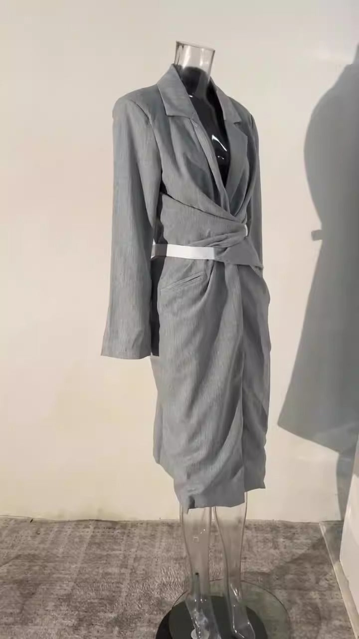 Women Gray Knot Belted Long Elegant Dress New Round Neck Long Sleeve