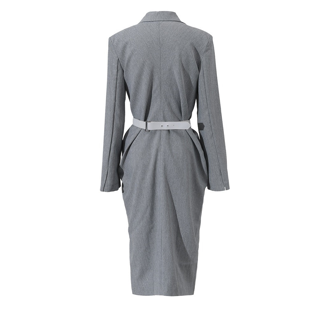 Women Gray Knot Belted Long Elegant Dress New Round Neck Long Sleeve