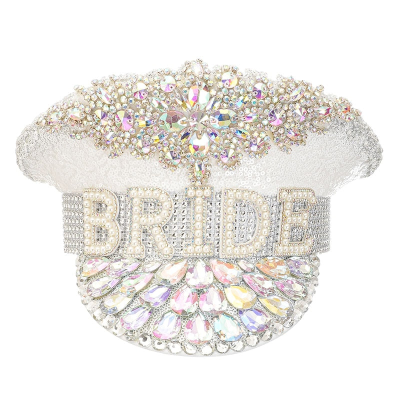 Handmade Sequined & Beaded White Luxury Rhinestone Bridal Hat Wedding Accessories Women Gothic Rave Party Club Wear Cosplay Prop
