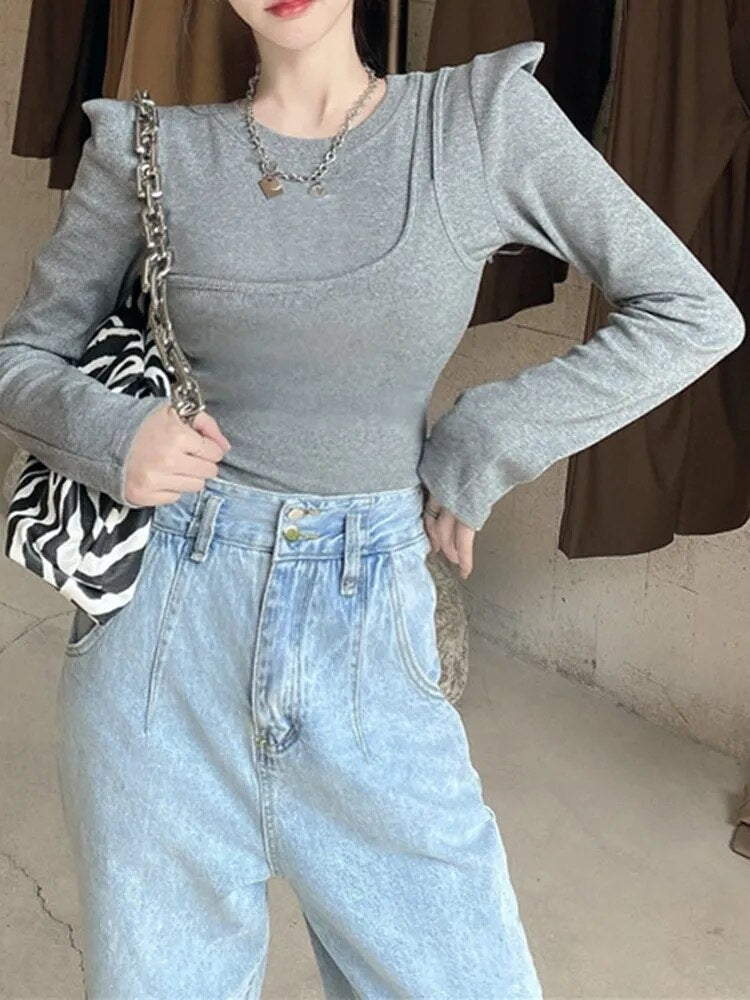 Asymmetrical Solid Slimming T Shirts For Women Round Neck Long Sleeve Minimalist Pullover T Shirt Female  Fashion Style
