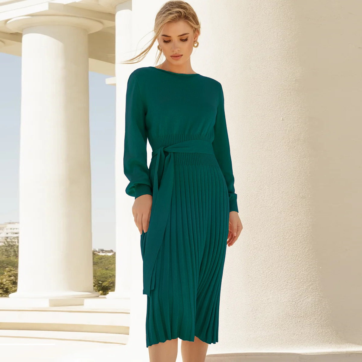 Women's new autumn and winter knitted dress with slim fit and pleats, medium length base sweater skirt