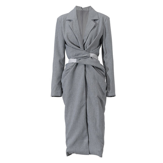 Women Gray Knot Belted Long Elegant Dress New Round Neck Long Sleeve