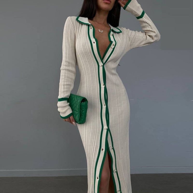 Slim fitting lapel patchwork women's long sleeved cardigan dress