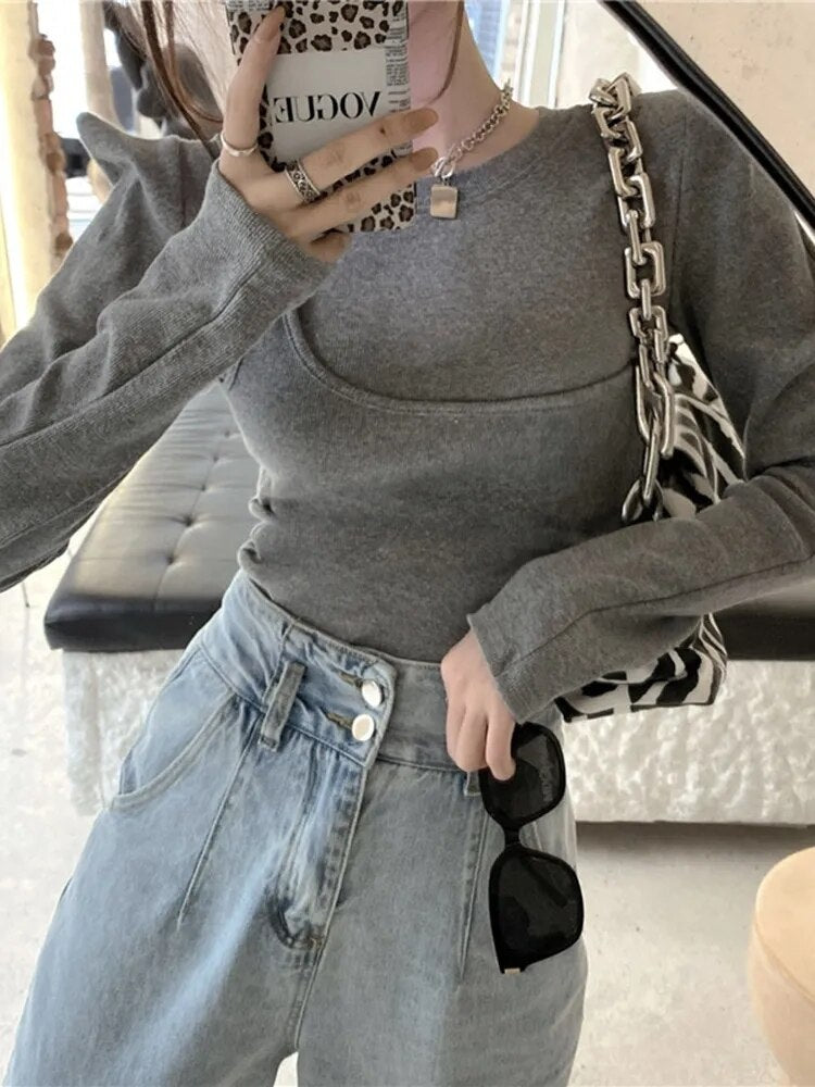 Asymmetrical Solid Slimming T Shirts For Women Round Neck Long Sleeve Minimalist Pullover T Shirt Female  Fashion Style