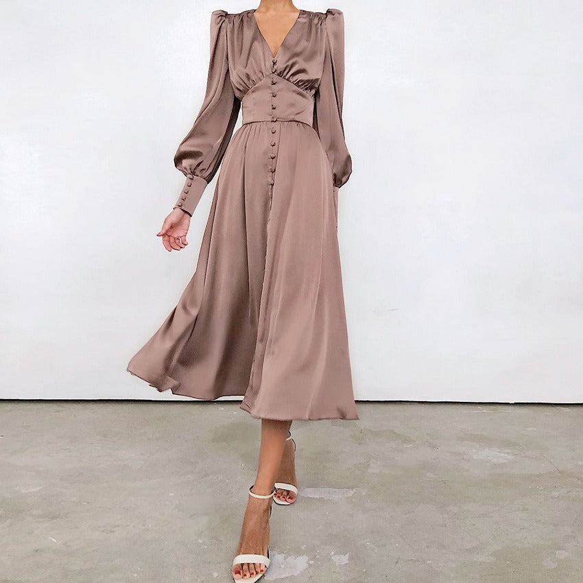 Satin Lantern Sleeves Wrapped Waist Slim Fit Long Skirt