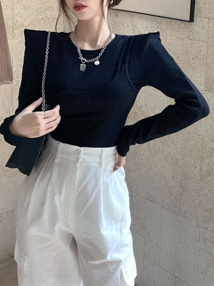 Asymmetrical Solid Slimming T Shirts For Women Round Neck Long Sleeve Minimalist Pullover T Shirt Female  Fashion Style