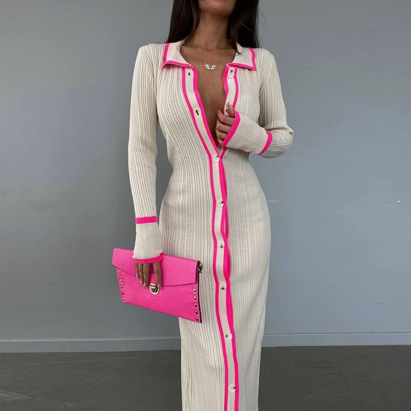 Slim fitting lapel patchwork women's long sleeved cardigan dress