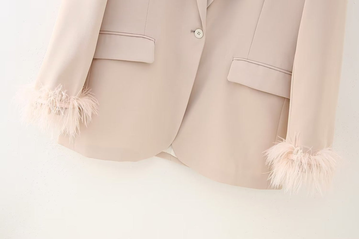 Spring new women's clothing with European and American style feather decorations, straight tube suit jacket, heart long pants