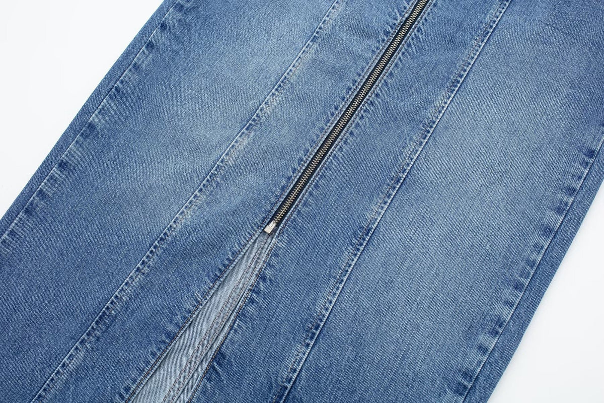 VGH Solid Patchwork Pockets Casual Denim Skirts For Women High Waist Spliced Zipper Split Bodycon Skirt Female Fashion Clothing