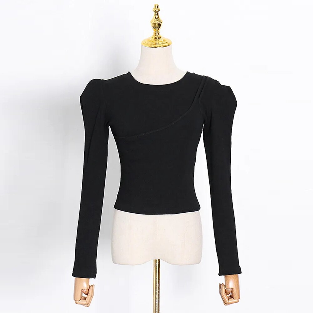 Asymmetrical Solid Slimming T Shirts For Women Round Neck Long Sleeve Minimalist Pullover T Shirt Female  Fashion Style